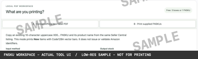 SAMPLE watermarked screenshot of the actual supplied-FNSKU label tool.