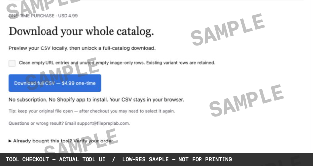 SAMPLE watermarked screenshot of the existing Shopify Full Export checkout interface.