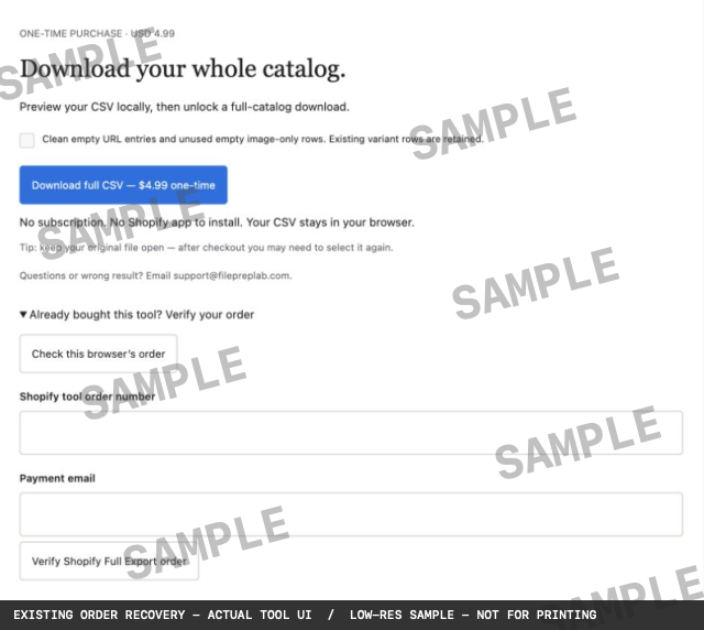 SAMPLE watermarked screenshot of the actual product-specific Shopify order recovery interface with empty fields.